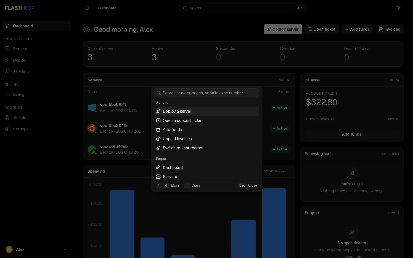 Command menu searching servers, pages and invoices