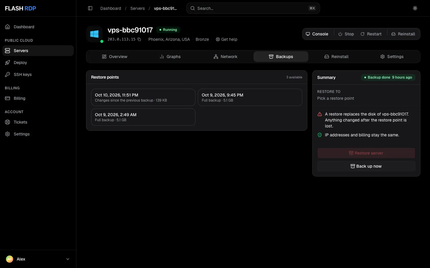 Backups tab with restore points and a Back up now button