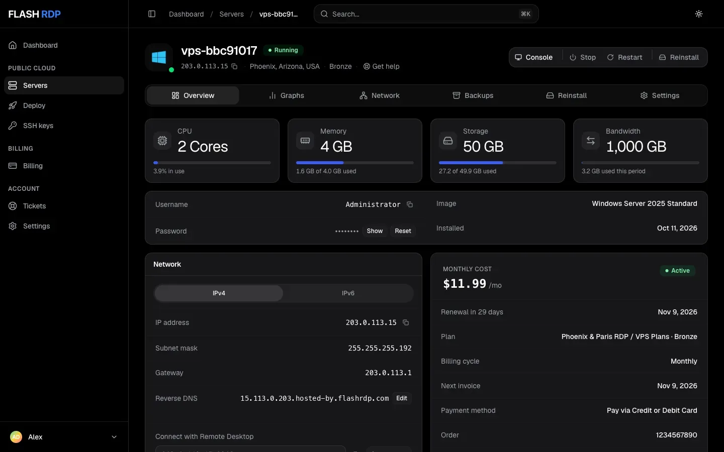 Server overview with power controls, usage and login details