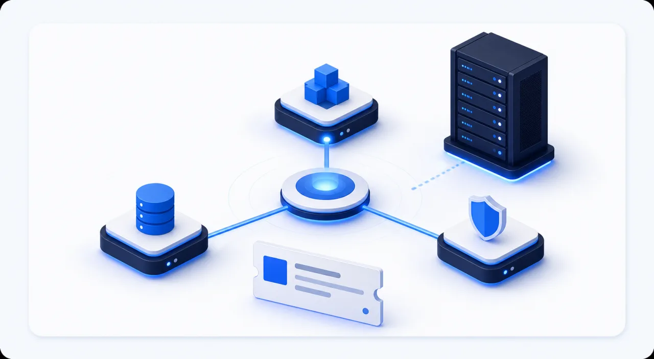 Abstract diagram connecting a support ticket with infrastructure, server, data, and security systems.
